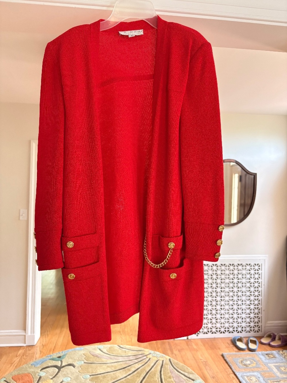 St. John Marie Gray Red Knit Cardigan Jacket with Gold Button/Chain Detail--S